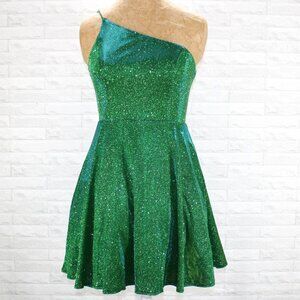 LULUS Disco Dreaming Dress One Shoulder Metallic Shiny Fit & Flare Mini Prom Sm